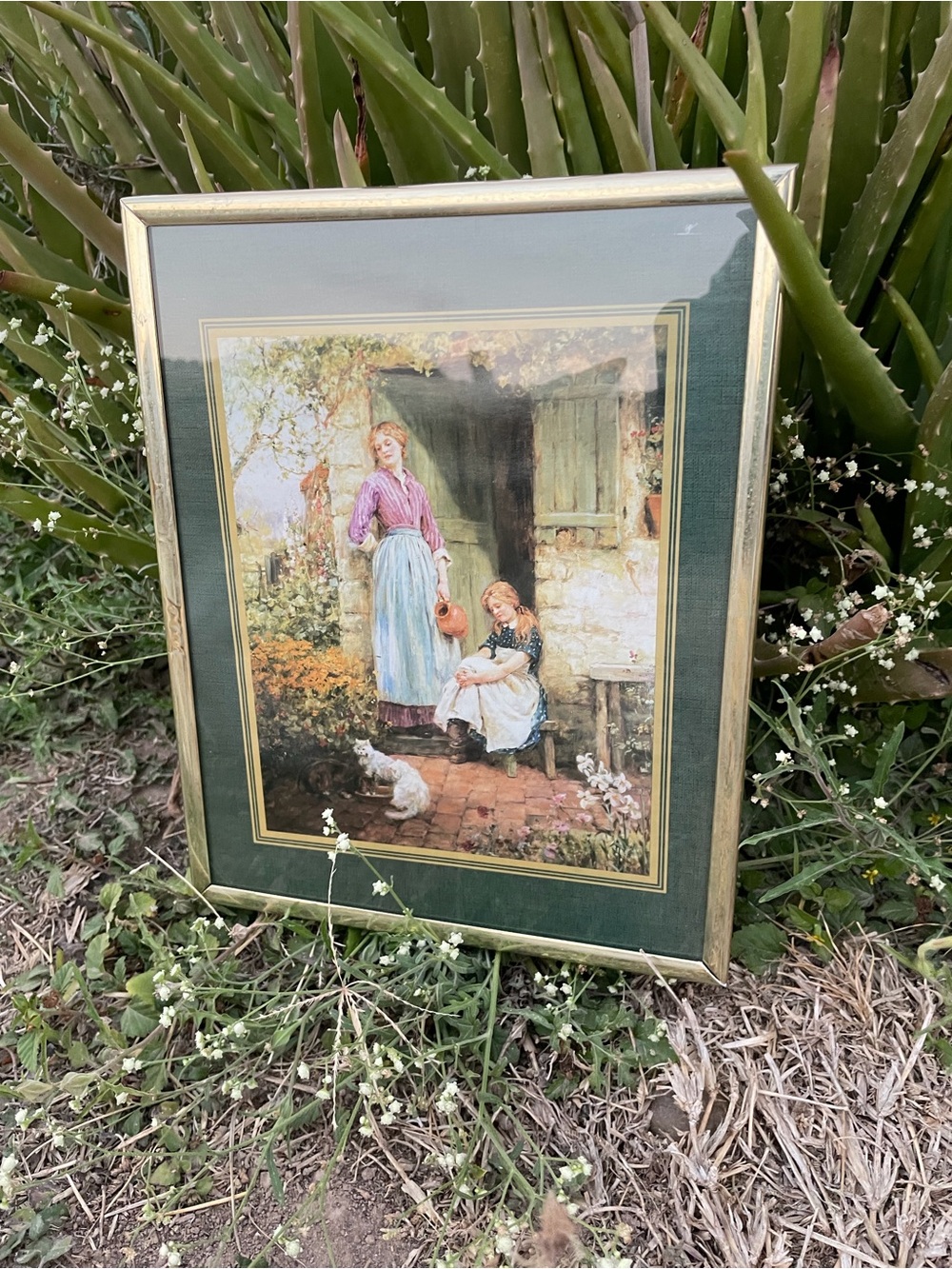 Vintage Feeding Time In The Garden cat illustration frame